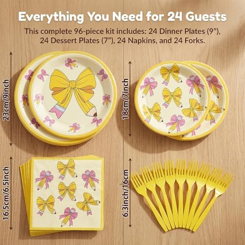 96PCS Back to School Plates and Napkins Pencil Bow Party Decorations - Image 2