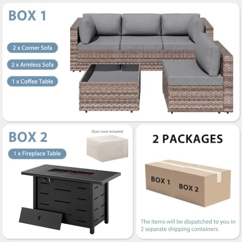 Shintenchi 6 Piece Outdoor Patio Furniture Set with 43 Inch Propane Fire Pit, Washable Cushions, Glass Coffee Table, Waterproof Cover & CSA Certified for Backyard Poolside, Brown PE Rattan/Gray - Image 7