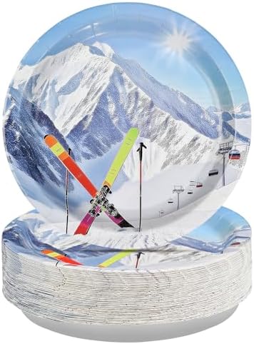 50Pcs Winter Ski Paper Plates 9 Inch Heavy Duty Disposable Skiing Snowy Mountain Dessert Plates Winter Mountain Ski Sport Adventure Decorations for Boys Girls Skier Birthday Holiday Party Supplies by Greencian