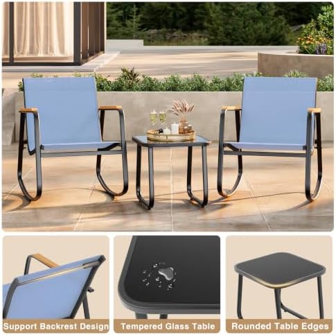 Ahomly 3 Pieces Patio Furniture Set Textilene Rocking Set, Lightblue - Image 5