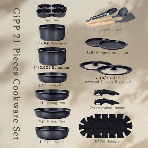 GiPP 21PCS Pots and Pans Set Nonstick Cookware Set with Detachable Handle - Image 2
