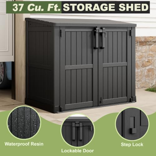 Plastic Outdoor Storage Shed, 37 Cu Ft Weatherproof Outdoor Storage Box with Double Lockable Door, All-Weather Resin Storage Cabinet for Patio, Backyard, Lawn, Garage and Poolside,Wood-Grain (Black) - Image 6