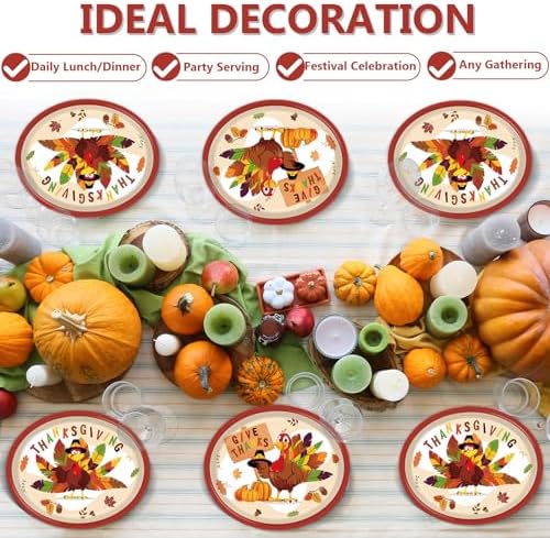Qyeahkj 50 PCS Thanksgiving Oval Paper Plates Large 11” Disposable Turkey Party Decorations Fall Autumn Supplies Favor for Harvest Dinner Home Kitchen Serving Dish Party Tableware Set - Image 3