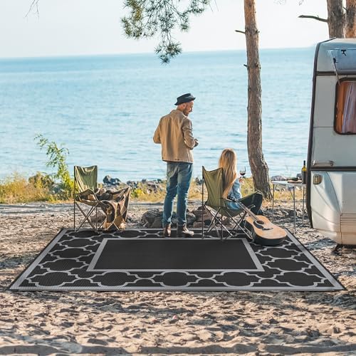 GENIMO Outdoor Rug, Waterproof Plastic Rugs for Patio, 8'x10' Black Gray - Image 4