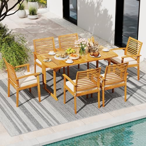 Tangkula 7 Piece Patio Acacia Wood Dining Set for 6, Patio Rectangle Table with Umbrella Hole & 6 Cushioned Armchairs, for Backyard Garden Poolside Deck, Natural - Image 3