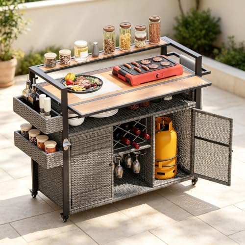 52.8" Wicker Outdoor Grill Cart with Extended Top & Storage by Unknown