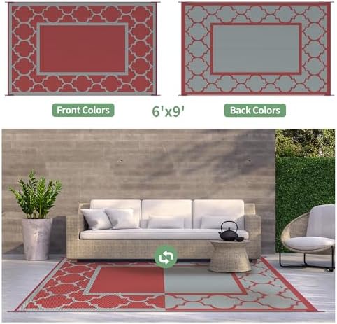 GENIMO Outdoor Rug, Waterproof Plastic Rugs for Patio, 6'x9' Red Grey - Image 5