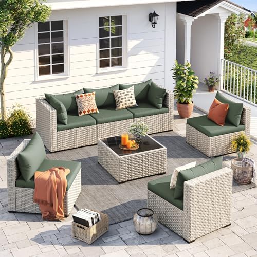 UDPATIO Outdoor Patio Furniture Set 7 Pcs Wicker Sectional Sofa Green by UDPATIO