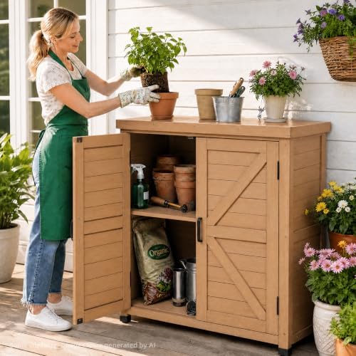 Outdoor Storage Cabinet with Metal Tabletop, Cedar Wood Garden Workstation - Image 2