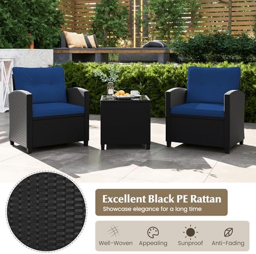 RELAX4LIFE 3-Piece Patio Furniture Set - Wicker Rattan Bistro Sofa w/Glass Top Coffee Table, Washable Cushions for Porch Balcony Backyard Poolside, Outdoor Conversation Set (Navy) - Image 5