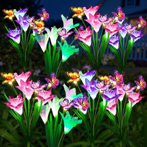 KOOPER Solar Lights Outdoor Garden Decor 8 Pack, 32 Lily Flowers and 24 Swaying Butterflies, IP65 Waterproof 7 Color Changing Solar Flower Lights for Yard Patio Pathway, Gifts for Mom Women Grandma by KOOPER