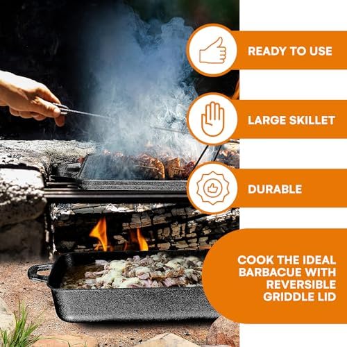Bruntmor 3-In-1 Pre-Seasoned Cast Iron Pan with Reversible Grill Griddle Lid - 17.8"x11"x3.3" Non-Stick Multi Cooker Deep Roasting Grill Pan - Dutch Oven, Frying or Roasting Pan for Open Fire Camping - Image 2
