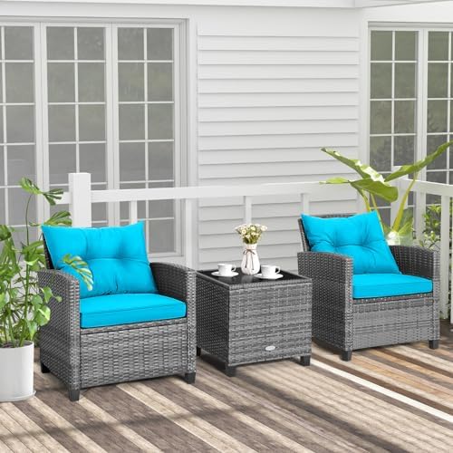 Tangkula 3 Pieces Patio Furniture Set, Outdoor PE Rattan Conversation Chair Set with Tempered Glass Side Table and Removable Cushions, PE Wicker Chairs and Table Set for Porch, Balcony and Garden - Image 3