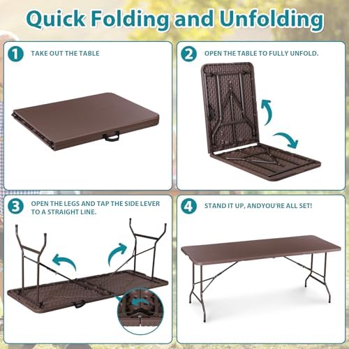 SUPER DEAL 6FT Folding Table for Indoor Outdoor, Portable Heavy Duty Fold-in-Half Plastic Dining Picnic Party Camping Table with Carrying Handle, Brown - Image 5