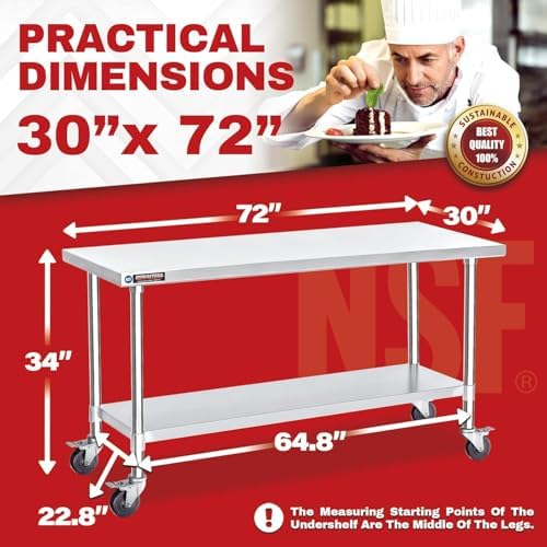 DuraSteel 30x72 NSF Stainless Steel Cart Work Table - Heavy Duty Rolling Food Prep Table Countertop Island - Metal Utility Cart on Wheels Caster, Grill Stand Storage Outdoor Kitchen Tables Bar Top - Image 2
