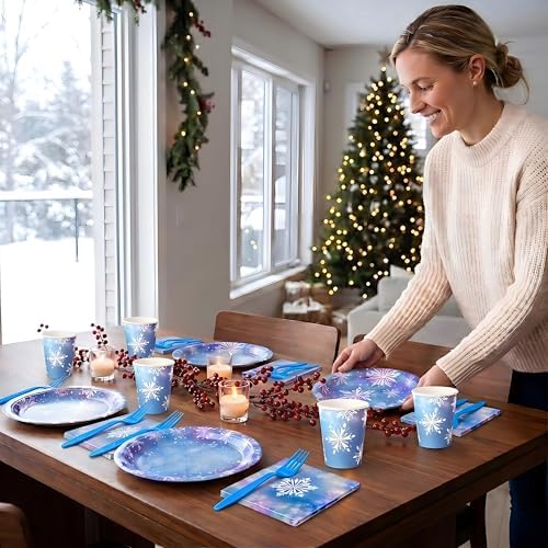 144 Pcs Frozen Tableware Set for 24 Guests, Heavy-Duty 7" & 9" Paper Plates, Cups, 2-Ply 13" Napkins & Plastic Forks, Disposable Winter Snowflake Party Supplies for Christmas Holiday Party - Image 3