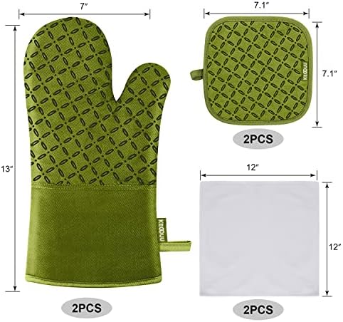 KEGOUU Oven Mitts and Pot Holders 6pcs Set, Kitchen Oven Glove High Heat Resistant 500 Degree Extra Long Oven Mitts and Potholder with Non-Slip Silicone Surface for Cooking (Olive Drab) - Image 2