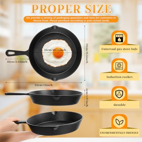 Vesici 3 Pcs Cast Iron Skillet Frying Pans with Drip-spouts Circle Non-stick Frying Skillet Omelette Pan Safe Healthy Cookware for Home Barbecue Kitchen Party Restaurant Catering Service (10.2 Inch) - Image 5