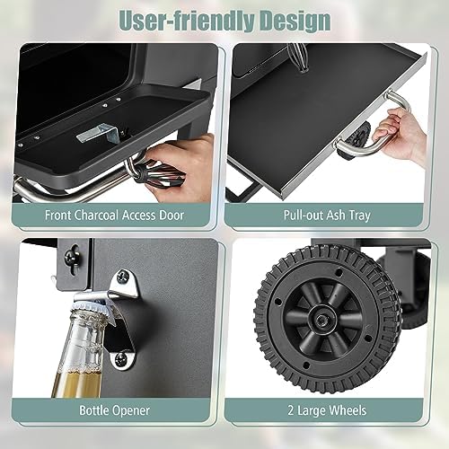 Giantex Charcoal Grill 24 inch, BBQ Grill with 2 Foldable Side Table, Adjustable Charcoal Tray, Pull-out Ash Tray, Heavy Duty Barbecue Grill with Wheels for Outdoor Cooking Camping Backyard Party - Image 6