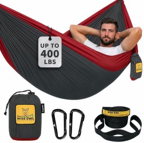 Wise Owl Outfitters Hammock for Camping Single Hammocks Gear for The Outdoors Backpacking Survival or Travel - Portable Lightweight Parachute Nylon SO Charcoal & Red by WiseOwlOutfitters