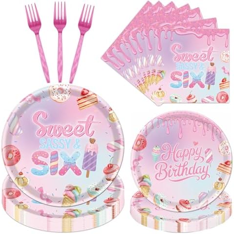 Sweet Sassy Six Birthday Tableware Plates Napkins Party Decor 96PCS by Aposwow