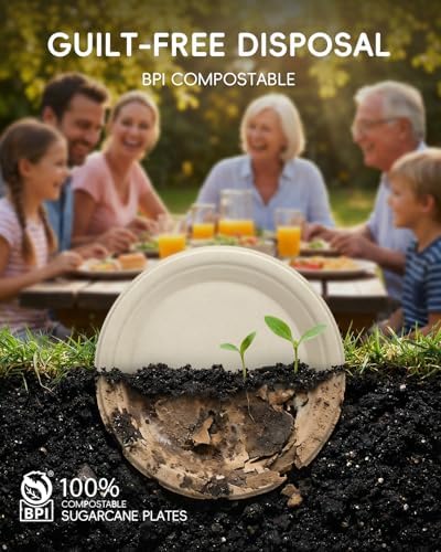 Goodluck 9 Inch Natural Compostable Sugarcane Paper Plates 400 Pack - Image 3