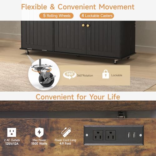 ONBRILL 60" Kitchen Island with Trash Can Storage, Rolling Island Table - Image 5
