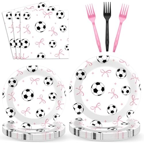 96PCS Soccer and Bow Party Paper Plates and Napkins for Sports Themed Party Dessert Cake Plates Disposable Decor Pink Bow Soccer Birthday Parties Set for Boys Girls Birthday Gatherings Decorations by Oitnlaughter