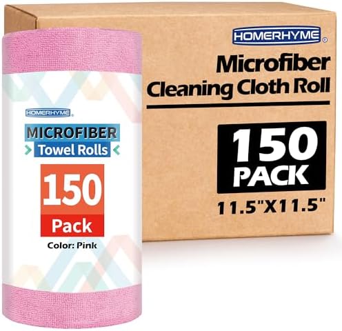Microfiber Cleaning Cloth, 150 Sheets Tear Away Shop Towels, Reusable Washable Microfiber Towels for Cars, Lint Free Cleaning Rags for Home, Automotive, Workshop & Garage 11.5"x11.5" Pink by HOMERHYME