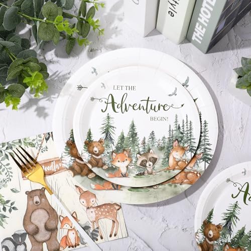Whaline 72Pcs Let The Adventure Begin Party Supplies Woodland Forest Animal Disposable Tableware Set Paper Plates Napkins for Baby Shower Neutral Adventure Birthday, Serves 24 - Image 4