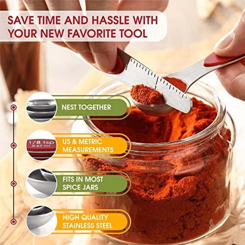 Spring Chef Stainless Steel Magnetic Measuring Spoons Set of 8, Red - Image 5