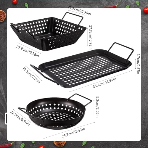 3 Pack Grill Topper Pans for Outdoor Grill, Stainless Steel Vegetables BBQ Grilling Basket with Holes Handles, Nonstick Barbecue Pan Grilling Gifts for Camping Picnic Cooking Seafood Meat - Image 3