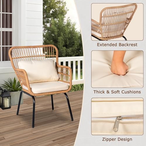 Tappio 3 Piece Outdoor Wicker Bistro Set, Patio Conversation Sets w/2 Large Rattan Chairs and Tempered Glass Table, Patio Furniture for Balcony, Porch, Poolside, Backyard, Beige - Image 3