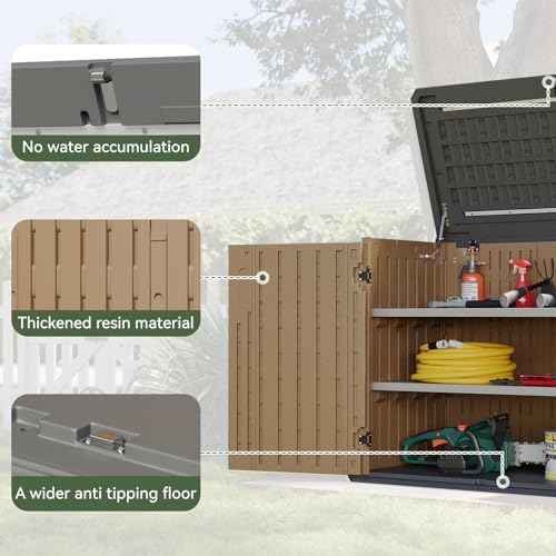 Aoxun Outdoor Storage Cabinet with 2 Shelves, 35 Cu Ft Waterproof Portable Horizontal Resin Shed Outdoor Storage for Garbage Bin, Generators & Yard Gear, and Lawn Mower (Brown) - Image 4