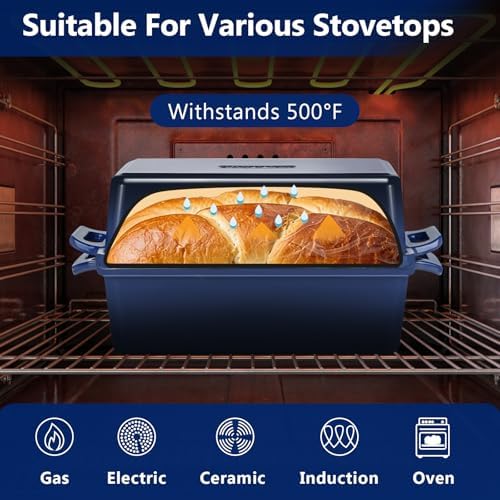 Wildone 2 in 1 Enameled Cast Iron Bread Pan with Lid, 9x5 Loaf Pans for Homemade Sourdough Bread, Cake, Meatloaf, Even Heating Bread Dutch Oven, Navy Blue - Image 4