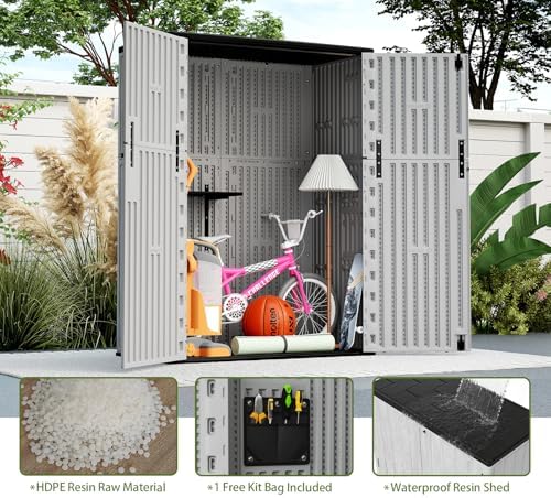 ZZM 57 Cu.ft Outdoor Storage Shed with Floor HDPE Double-Wall Resin Sheds Outdoor Storage, Lockable Weatherproof Storage Cabinet Fit for Garden Tools, Garage can, Bike, Patio Furniture, Grey - Image 4