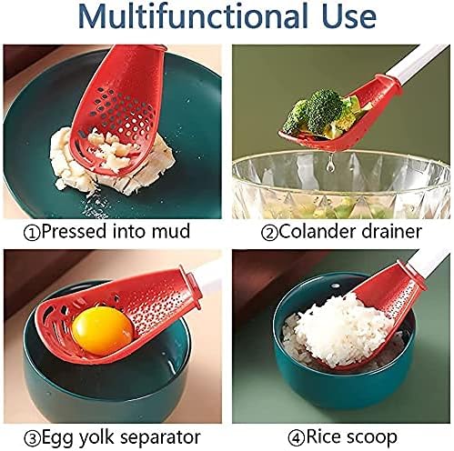 6in1 Multifunctional Kitchen Cooking Spoon- Kitchen Gadgets Strainers for egg yolk Separator- Grater Masher- Colander Skimmer Scoop- for Mashing, Grating, Draining, Heat Resistant (3Pcs red) - Image 5