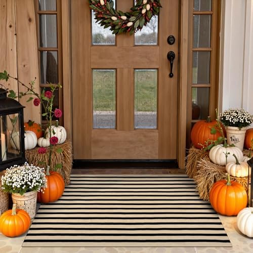 Fall Front Door Mat 2.3'x3.6', Cotton Washable Striped Outdoor Rug by Sungea