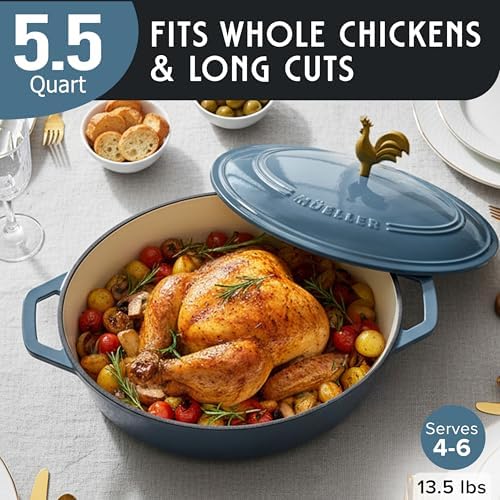 MUELLER HOME 5.5 Quart Enameled Cast Iron Oval Dutch Oven w Rooster Knob & Cotton Potholders, Heavy-Duty Cookware, Oven-Safe up to 500° F & Across All Cooktops, Gifts for Grandma & Women, Mineral Blue - Image 3