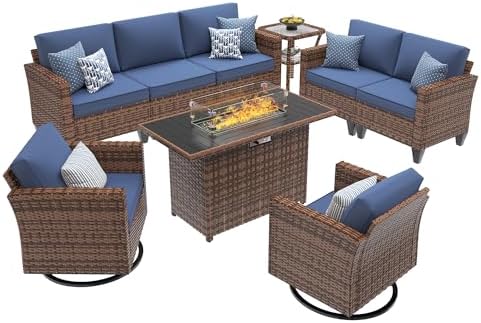 UDPATIO Patio Furniture Set with Fire Pit Table and Swivel Rocking Chairs, 6 Pieces Outdoor Wicker Furniture Set with Waterproof Cover, 4'' Thickened Cushion, Navy - Image 2