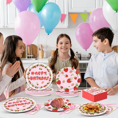 96 PCS Strawberry Theme Birthday Shortcake Party Paper Plates and Napkins Disposable Strawberry Party Plates Dinnerware Berry Sweet Tableware Decor for Baby Shower Birthday Gatherings Decorations - Image 5