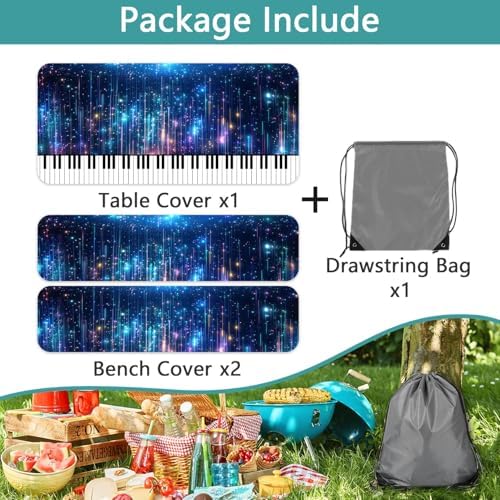 Piano Keyboard Picnic Table Cover with Bench Covers, Camping Essentials, Music Themed Waterproof Windproof, Fitted Tablecloth Cover with Elastic Edge, for Outdoor, Garden, 3 PCS, 30x60 Inch - Image 6