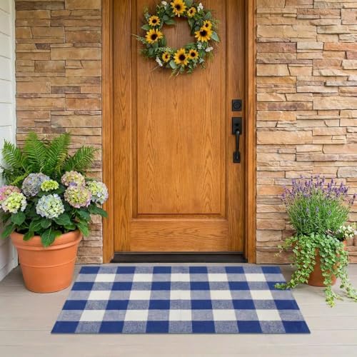 SEEKSEE Buffalo Plaid Outdoor Rug 27.5x43 Blue and White Front Door Mat, Layering Rug for Porch, Summer Doormat, Front Porch Rug for Outdoor Entrance Entryway Patio Porch Decor - Image 3