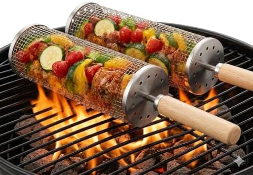 Rolling Grill Basket 2 Pack, Stainless Steel BBQ Gift for Men Dad Husband by Unknown