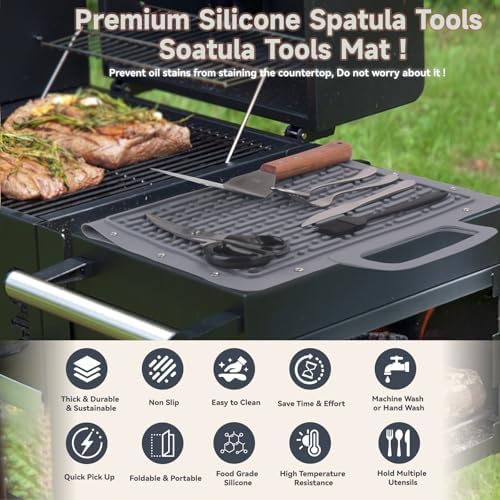 LIONROGE Large Silicone Grill Mat, Foldable Silicone Griddle Tools Spatula Mat with Drip Pad & Handle & Snap Buttons, Portable BBQ Side Shelf Mats Grill Pad for Blackstone Griddles Accessories,Gray - Image 2