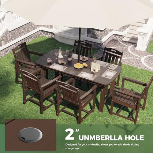 HDPE Outdoor Patio Dining Set with Table & 6 Chairs, All-Weather 7-Piece Outdoor Table and Chairs, 2" Umbrella Hole, Patio Furniture for Garden, Backyard, Deck | Brown - Image 5