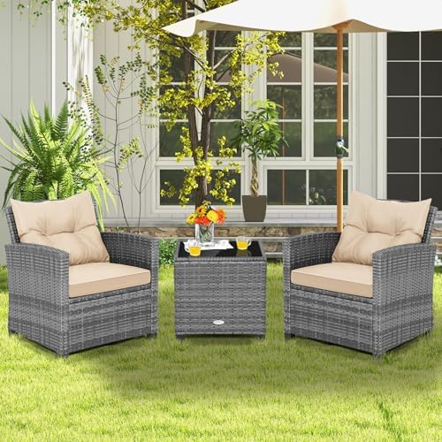 Tangkula 3 Pieces Wicker Patio Furniture Set, Outdoor Rattan Conversation Cushioned Chair Set with Tempered Glass Side Table, for Porch, Balcony and Garden - Image 2