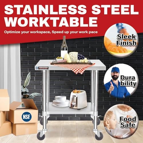 DuraSteel 30x18 NSF Stainless Steel Cart Work Table - Heavy Duty Rolling Food Prep Table - Metal Utility Cart on Wheels Caster, Grill Stand Microwave Outdoor Kitchen Tables Countertop Island Large Top - Image 3