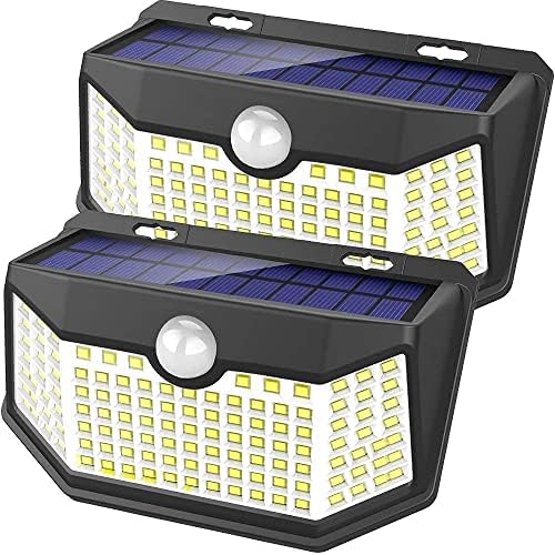 HMCITY Solar Lights Outdoor 120 LED with 3 Lighting Modes, Motion Sensor Wall Lights,IP65 Waterproof Solar Powered for Garden Patio Yard (Back Button 2Packs, Black Shell-Daylight White) by LightingUpYourLife
