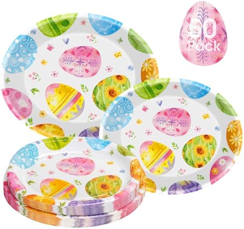 50 Pack Large Easter Plates Set - Watercolor Happy Easter Oval Paper Plates, Disposable Spring Colorful Eggs Oval Heavy Duty Dinner Dessert Plate Tableware for Easters Party Supplies Table Decorations by Litmitfu